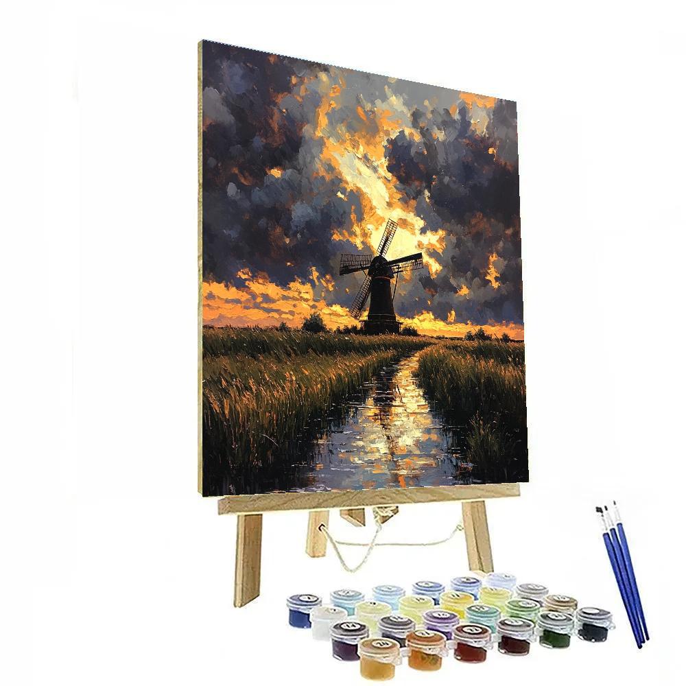 Rembrandt Inspired Windmill Silhouette Against Ember Twilight After Rain Numbered painting kits