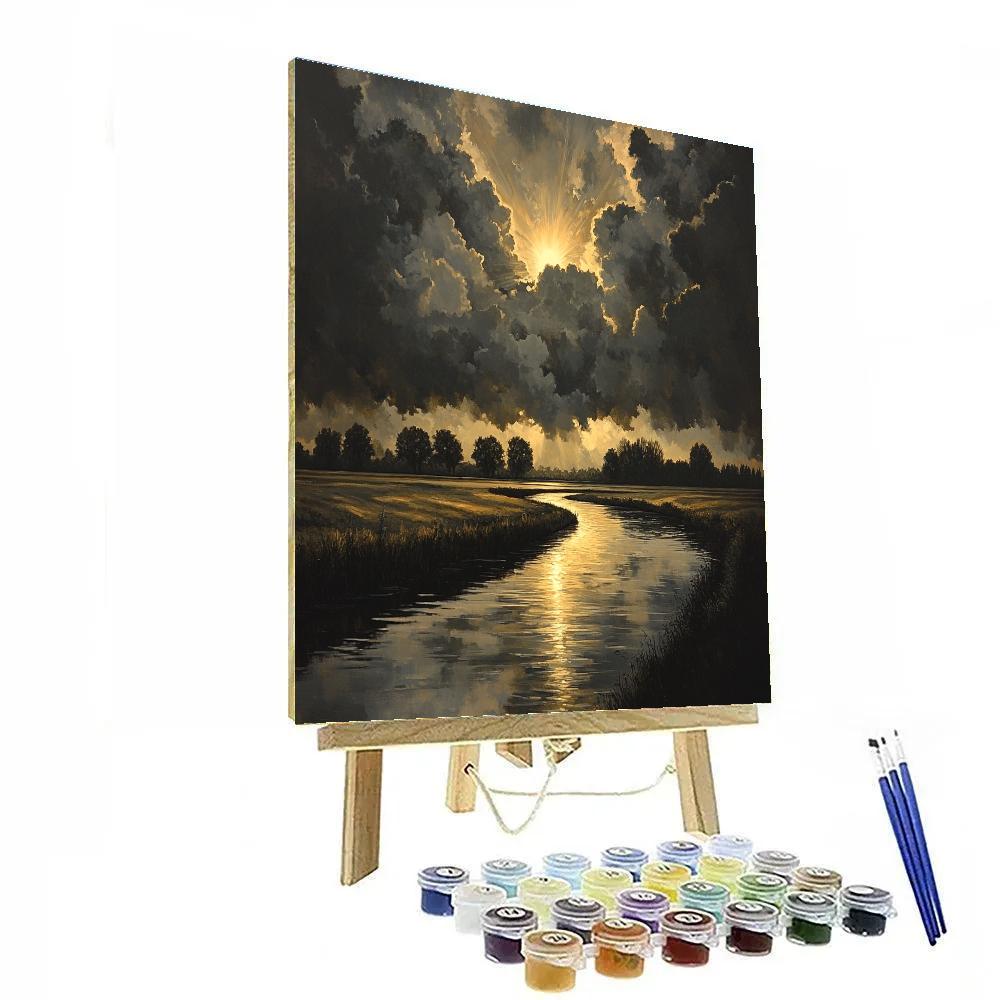 Rembrandt Inspired River Bend With Sunbeam Through Cathedral Like Clouds paint by numbers