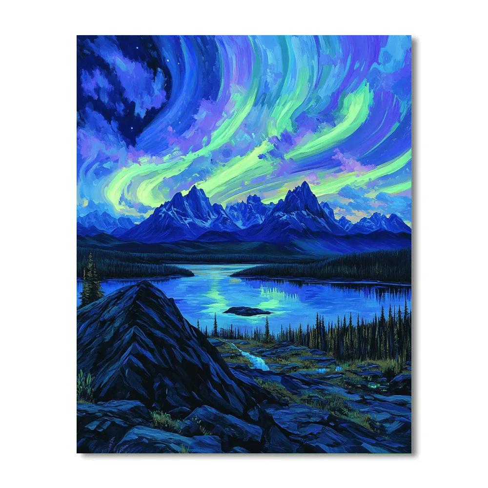 Frederick Varley Inspired Aurora Over Obsidian Ridge paint by numbers