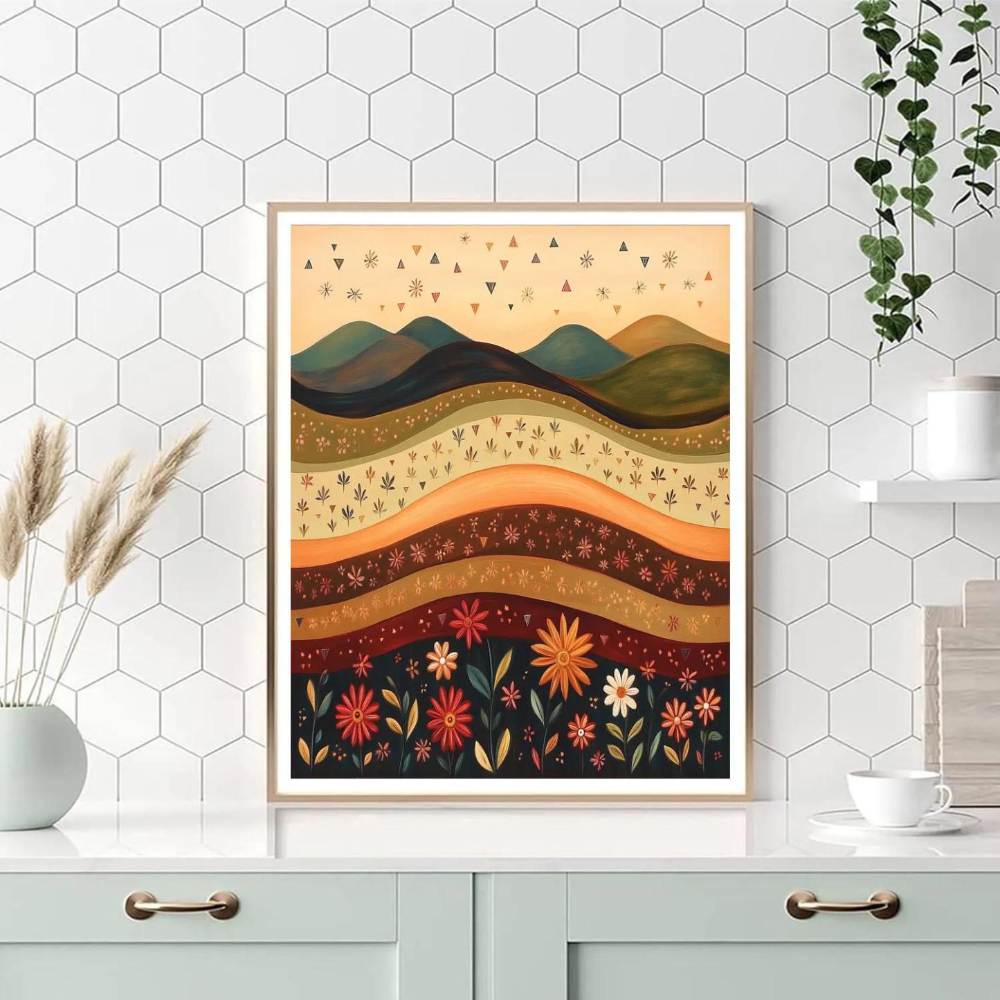 Frida Kahlo Inspired Mountain Silhouette Of Blossoming Color Bands paint by numbers