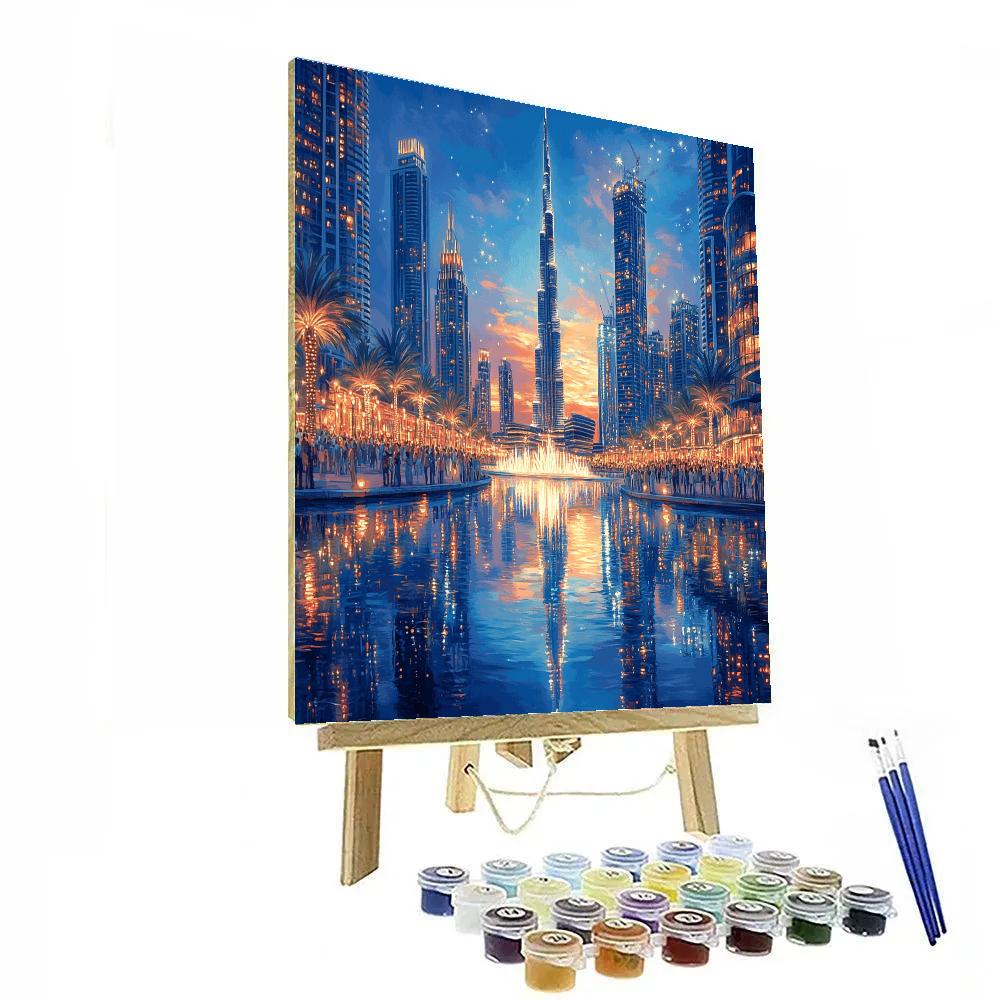 Burj Khalifa Reflections From Dubai Fountain Plaza Dubai United Arab Emirates paint by number