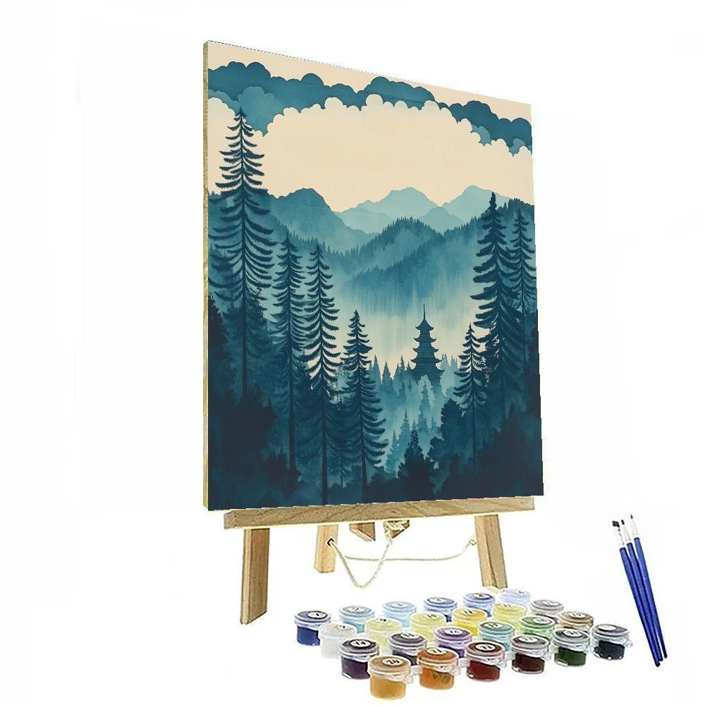 Hokusai Inspired Temple Among Pines Paint by numbers art