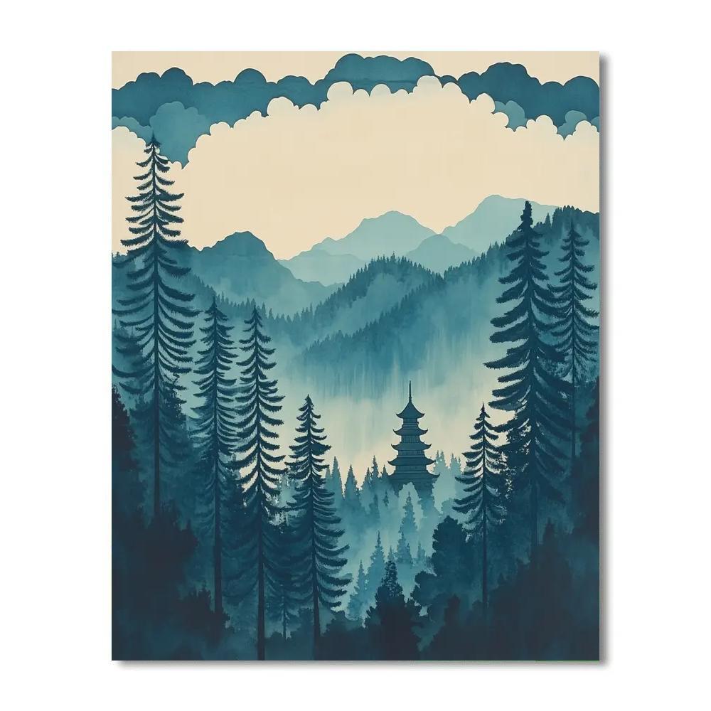 Hokusai Inspired Temple Among Pines Paint by numbers art