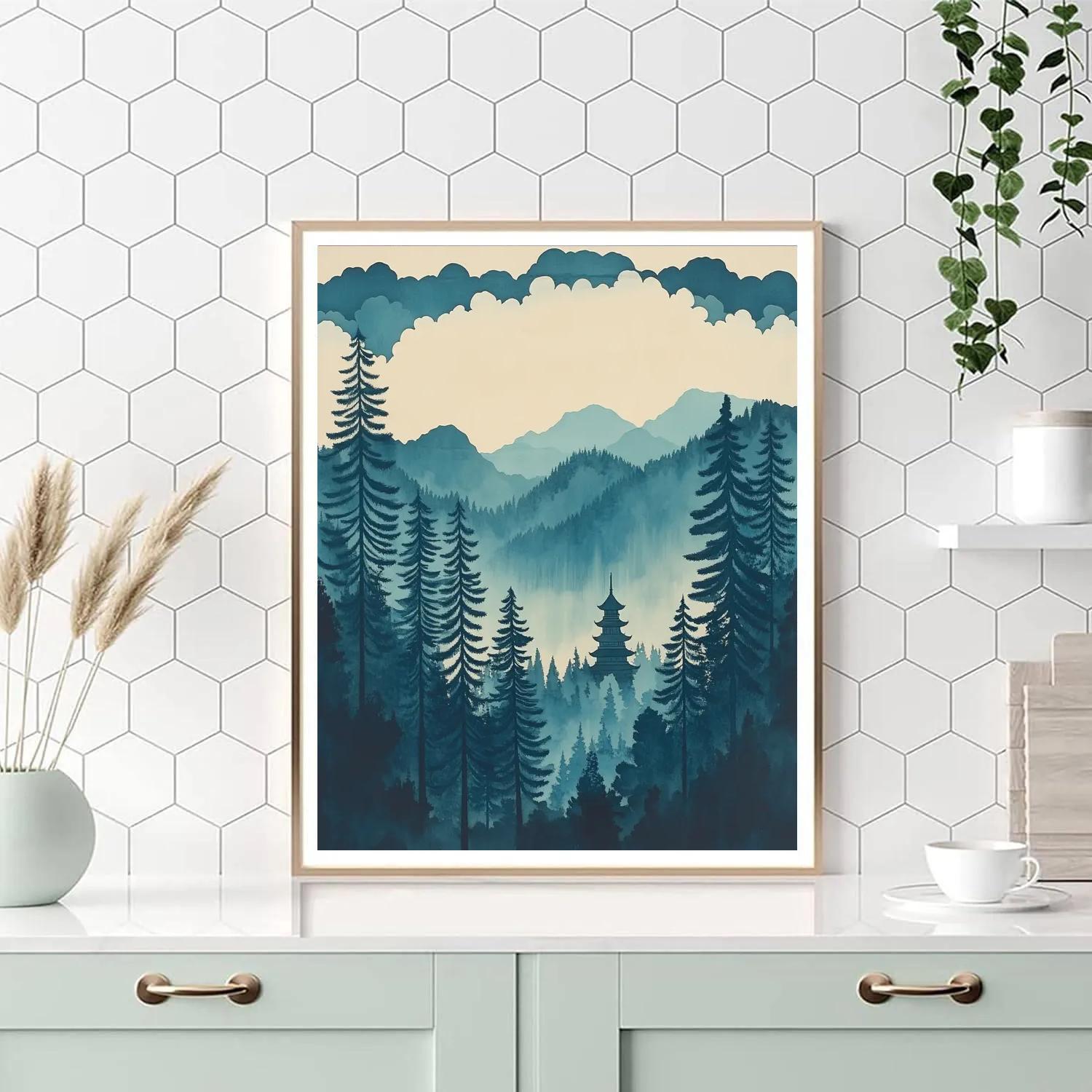 Hokusai Inspired Temple Among Pines Paint by numbers art