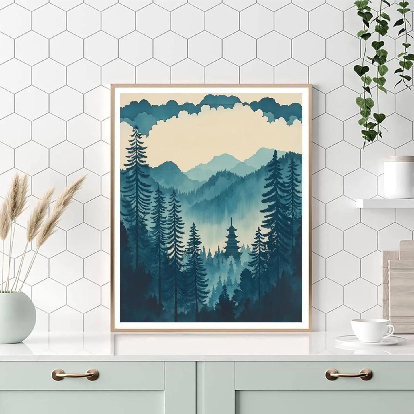 Hokusai Inspired Temple Among Pines Paint by numbers art