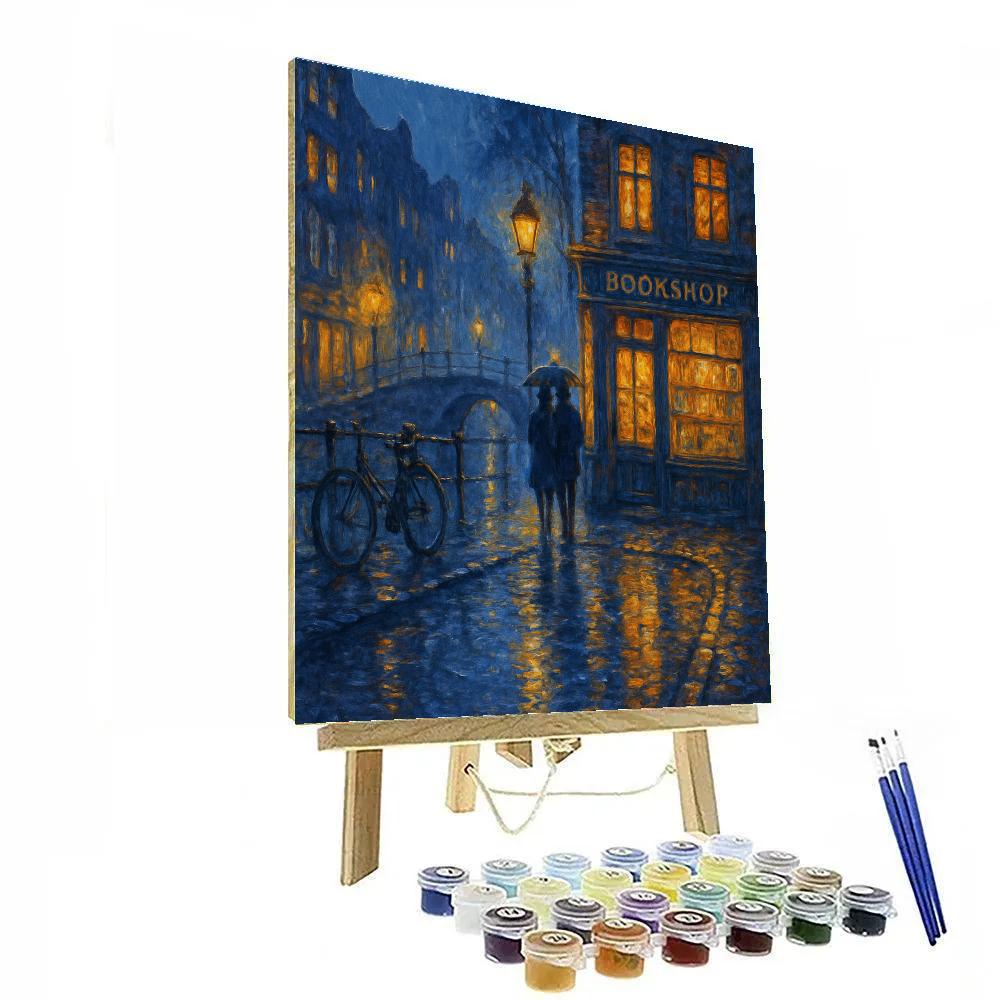 Rainy Bookshop Corner On The Night Canal Paint by numbers art