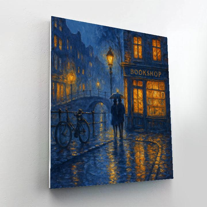 Rainy Bookshop Corner On The Night Canal Paint by numbers art