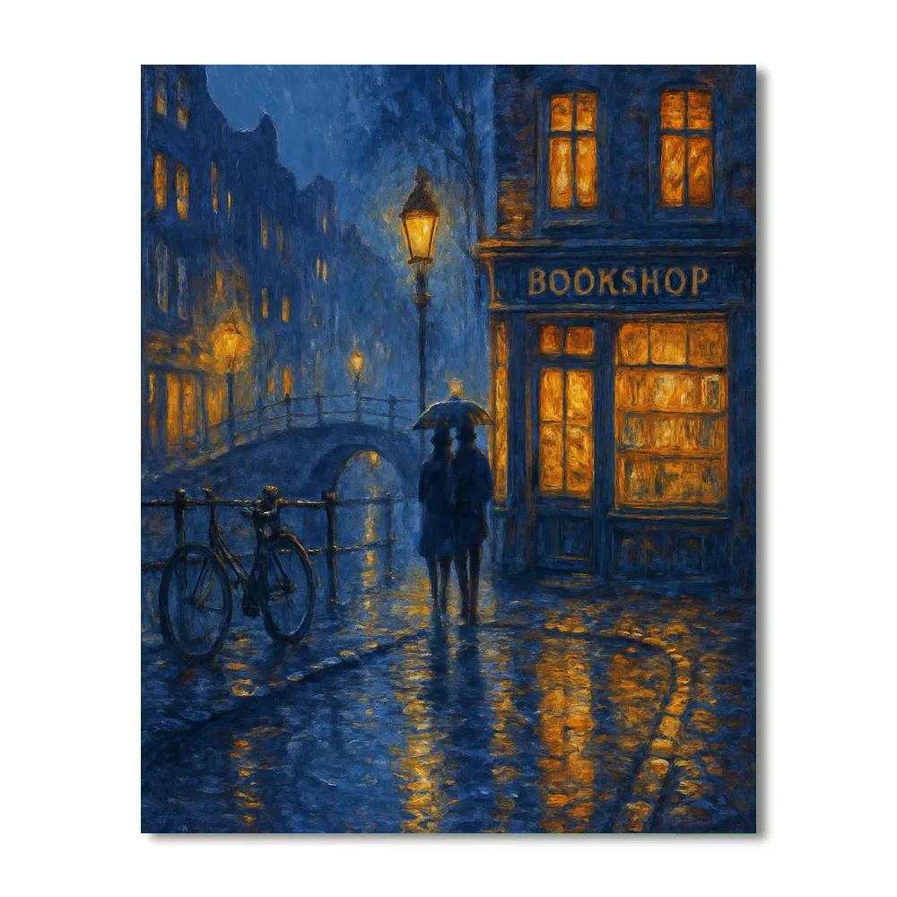 Rainy Bookshop Corner On The Night Canal Paint by numbers art