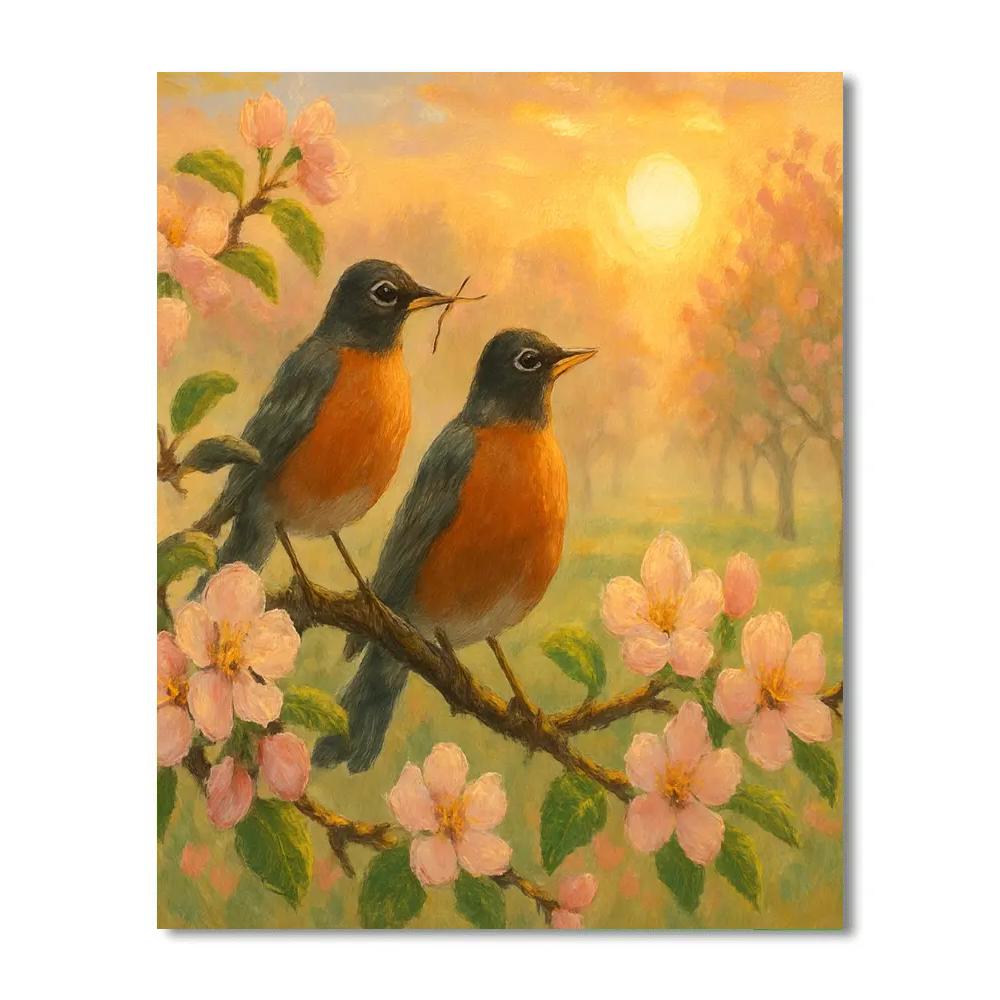 Orchard Dawn Robins Among Apple Blossoms DIY paint by numbers