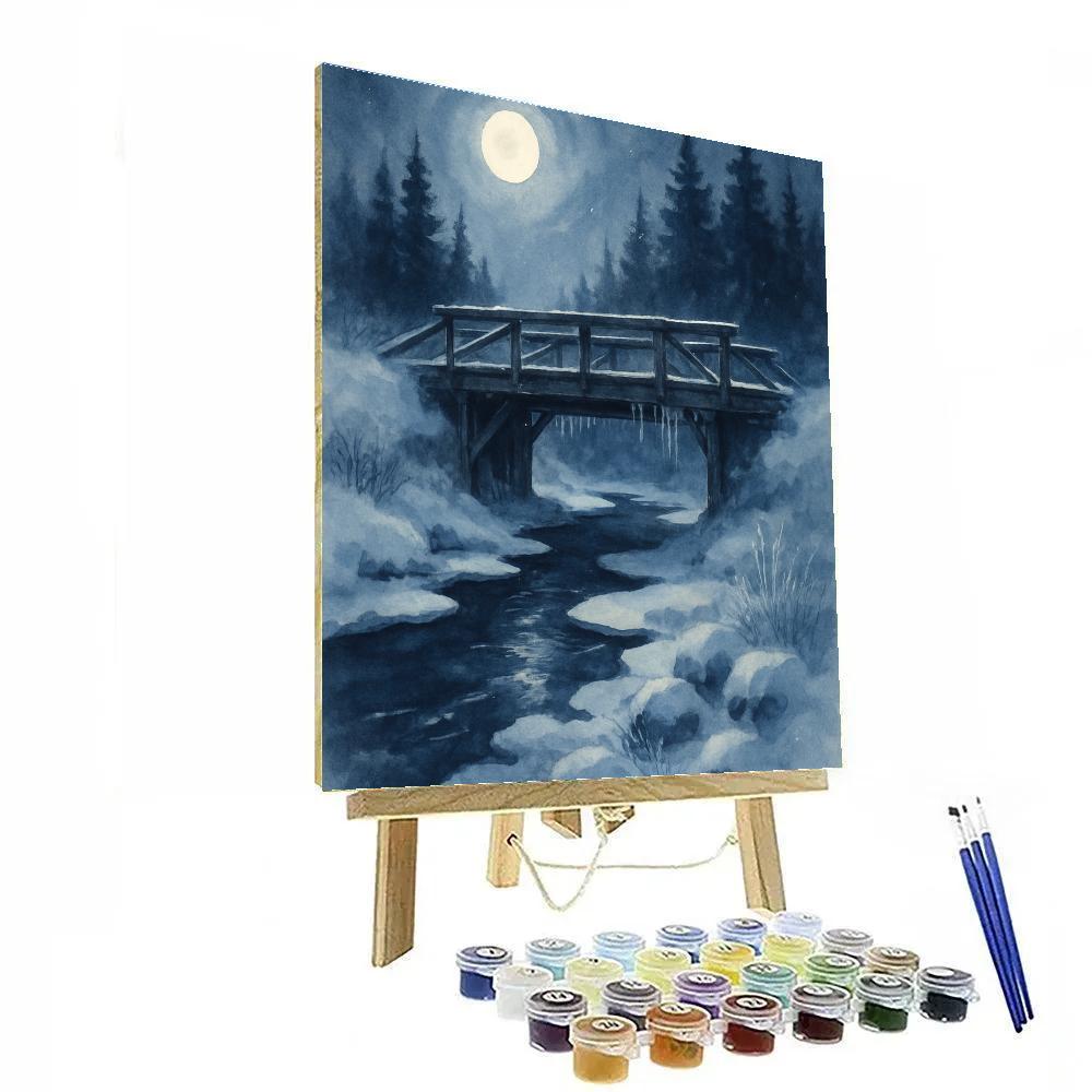 Moonlit Bridge Above Icy Rapids paint by number