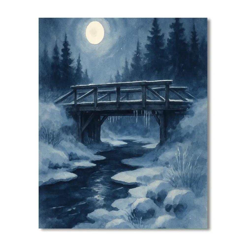 Moonlit Bridge Above Icy Rapids paint by number