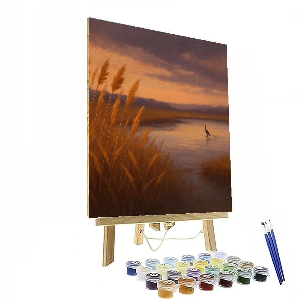 Golden Reed Marsh At Dusk With Distant Heron DIY paint by numbers