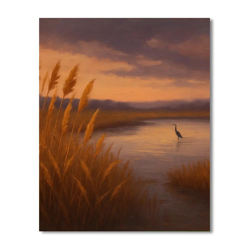 Golden Reed Marsh At Dusk With Distant Heron DIY paint by numbers