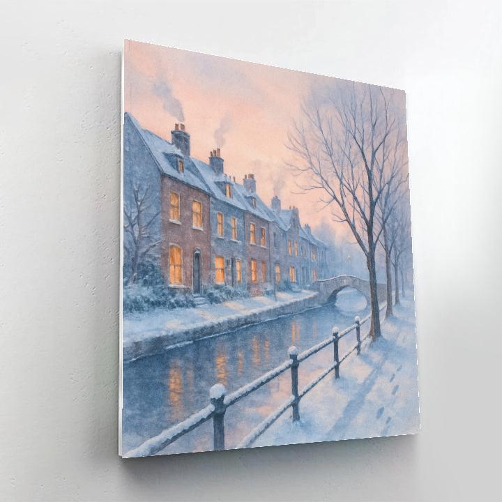 Snowy Riverside Rowhomes At Dawn Haze paint by color