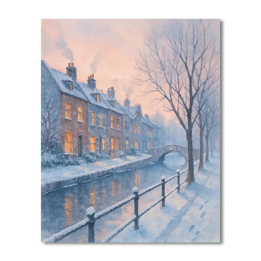 Snowy Riverside Rowhomes At Dawn Haze paint by color