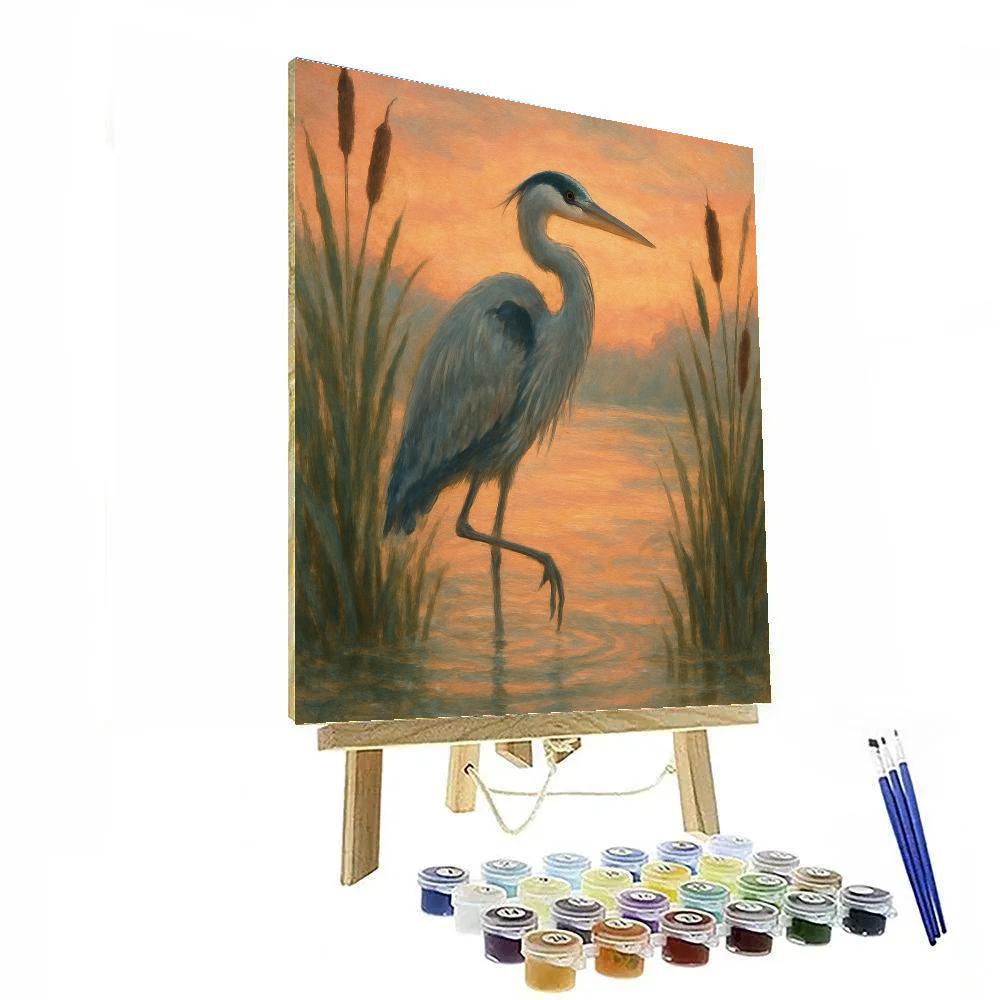 Heron At The Reed Framed Sunset Marsh DIY paint by numbers