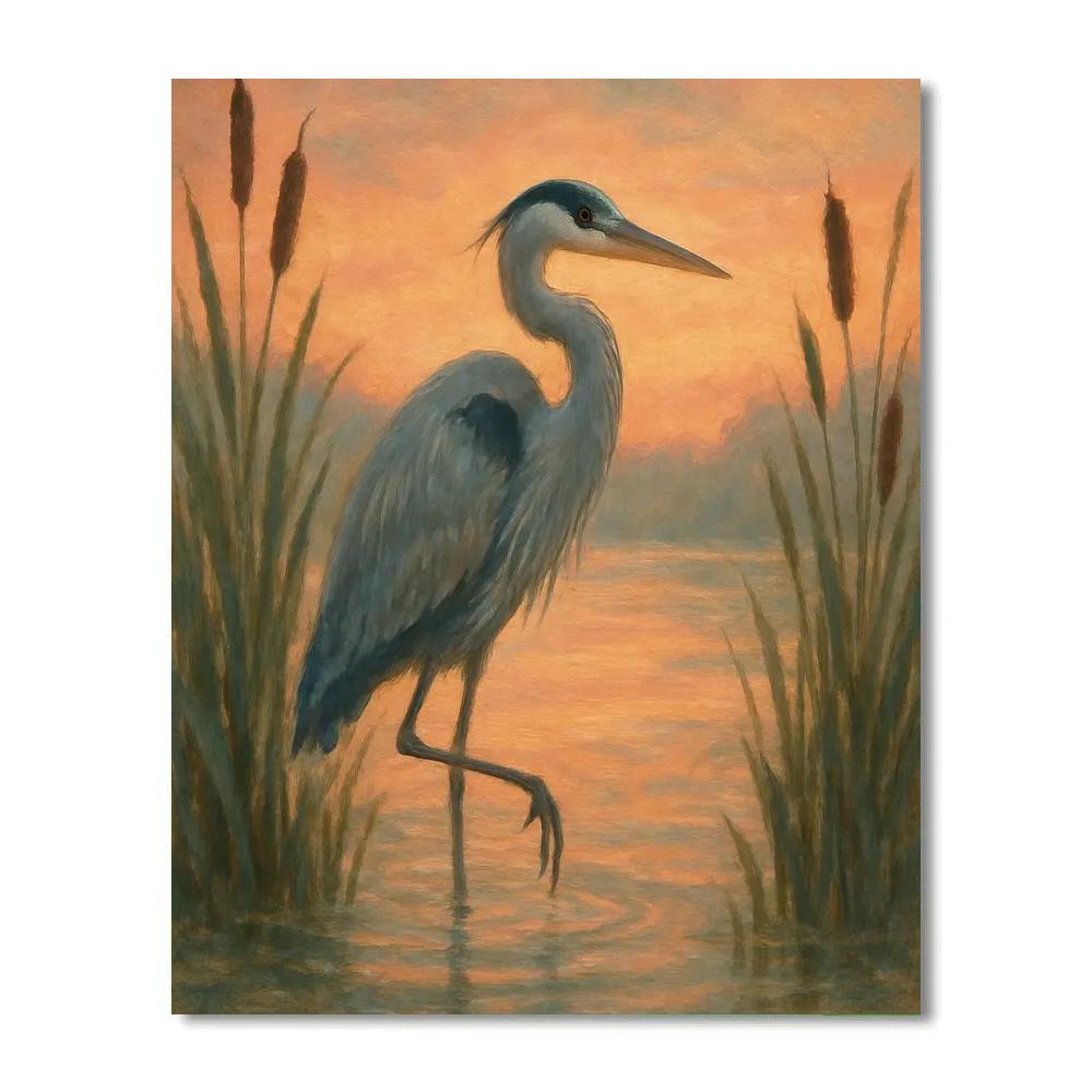 Heron At The Reed Framed Sunset Marsh DIY paint by numbers