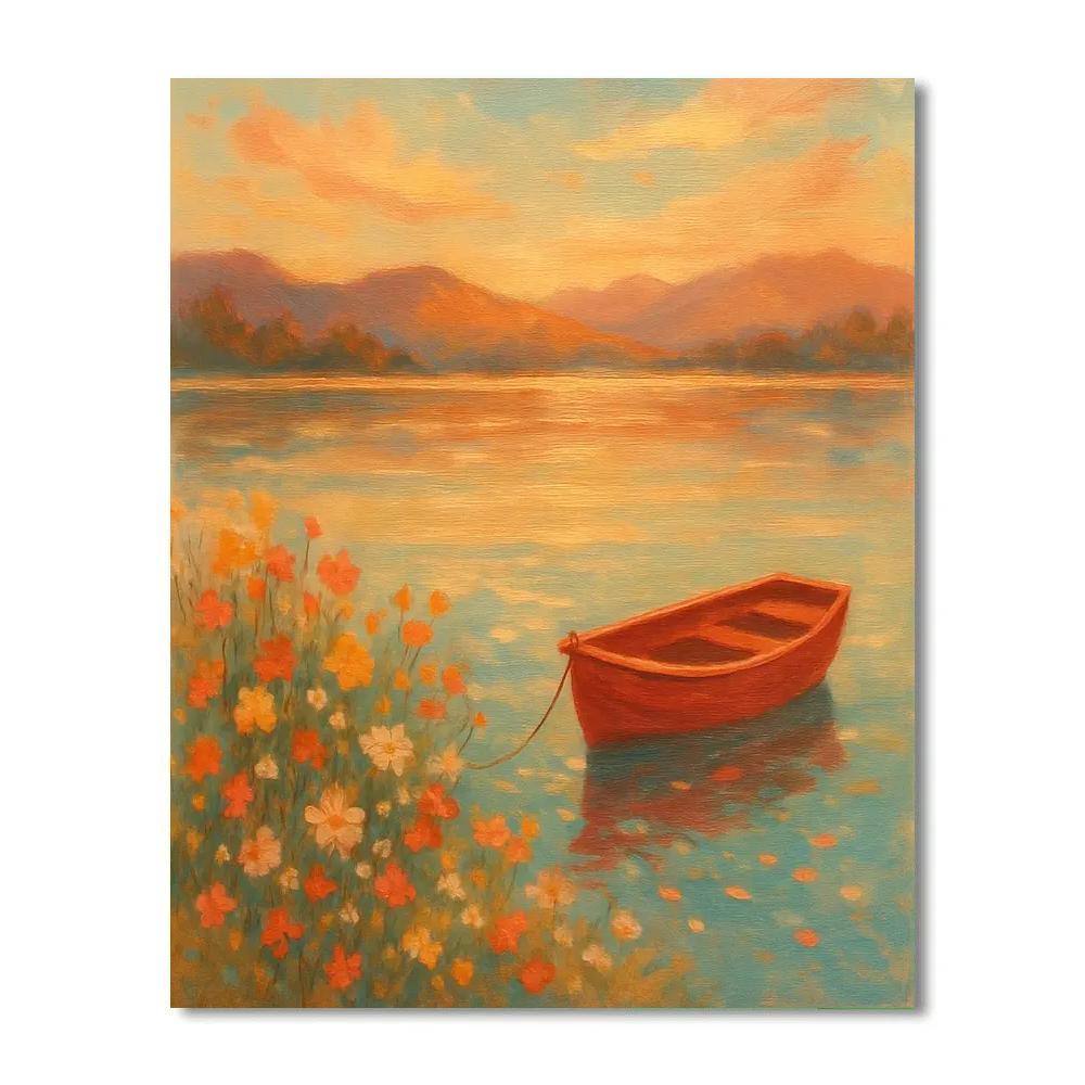 Golden Hour Rowboat And Wildflower Shore Paint by numbers art