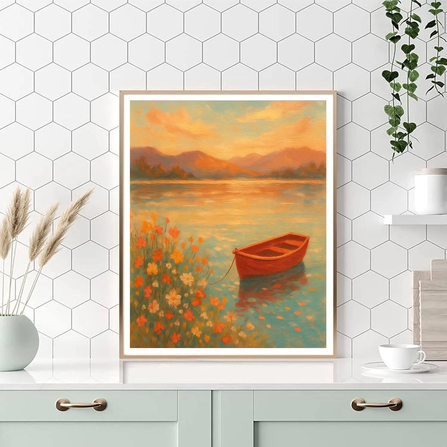 Golden Hour Rowboat And Wildflower Shore Paint by numbers art