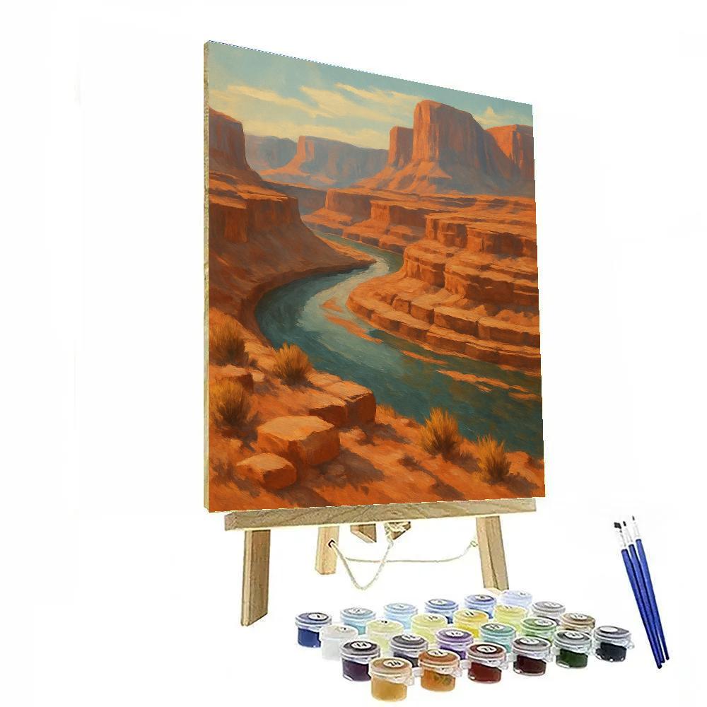 Canyon River Bend Under Striped Sandstone Cliffs paint by number