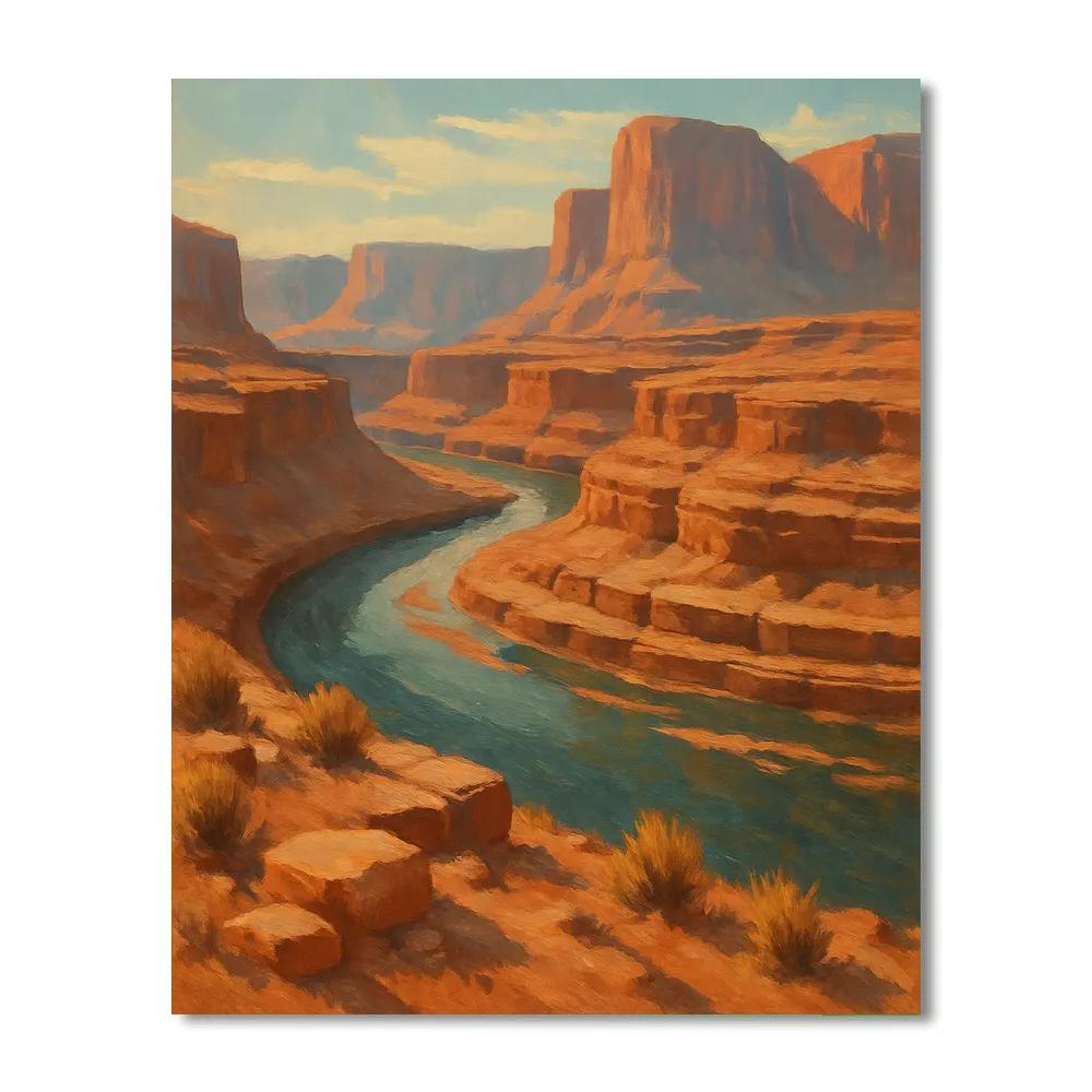 Canyon River Bend Under Striped Sandstone Cliffs paint by number