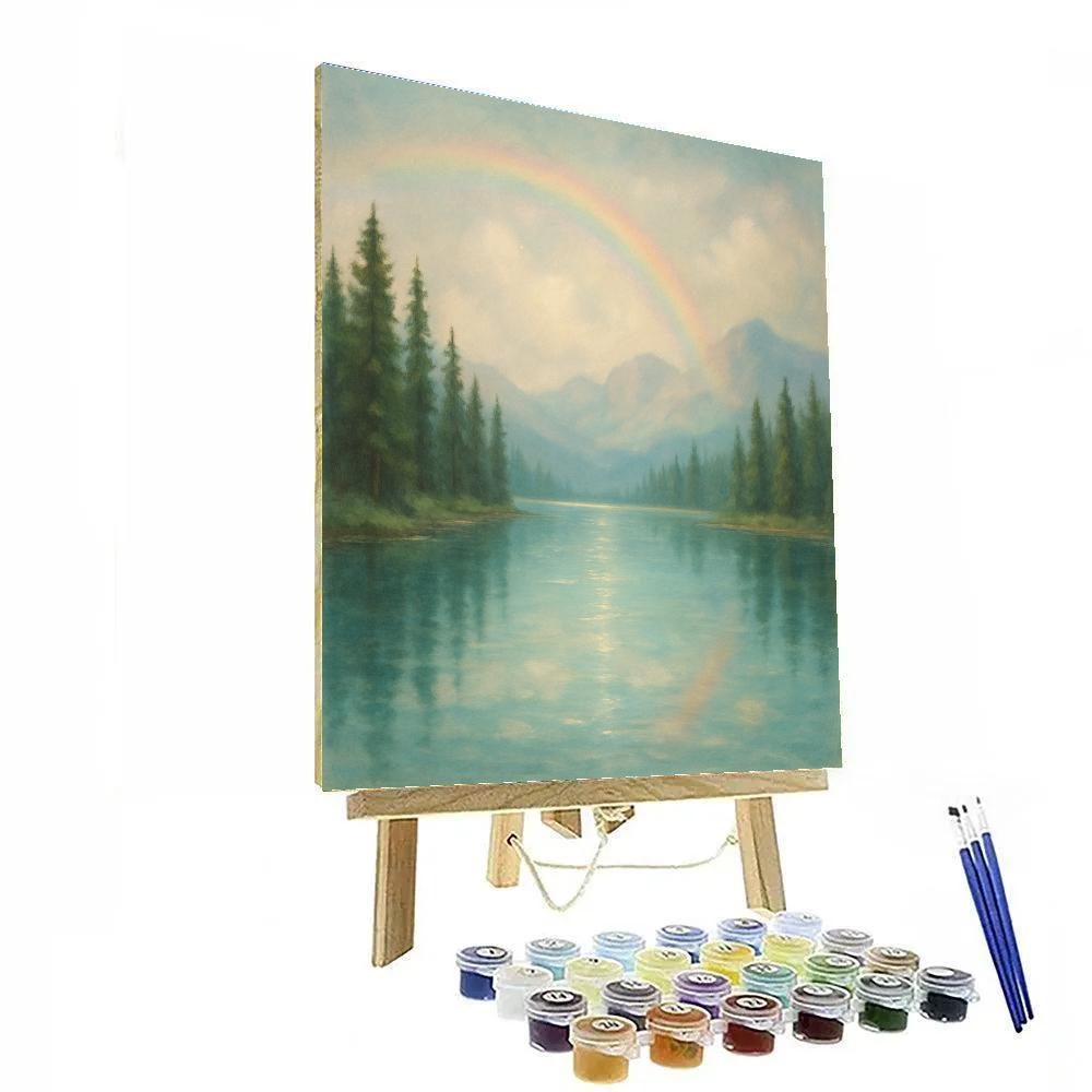 Mountain Lake Under Soft Rainbow Mist Numbered painting kits