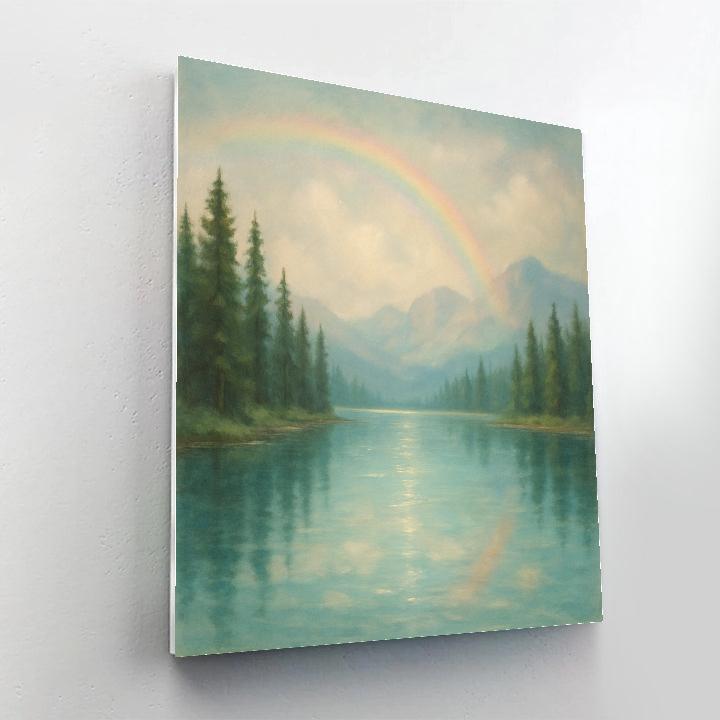 Mountain Lake Under Soft Rainbow Mist Numbered painting kits