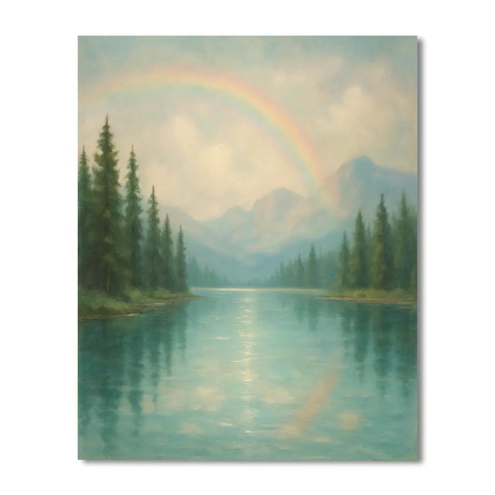 Mountain Lake Under Soft Rainbow Mist Numbered painting kits