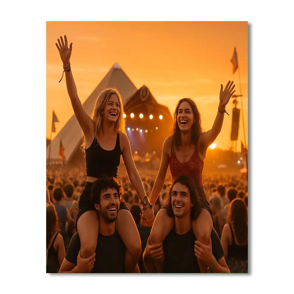 Glastonbury Festival Crowd At Sunset Somerset Number painting