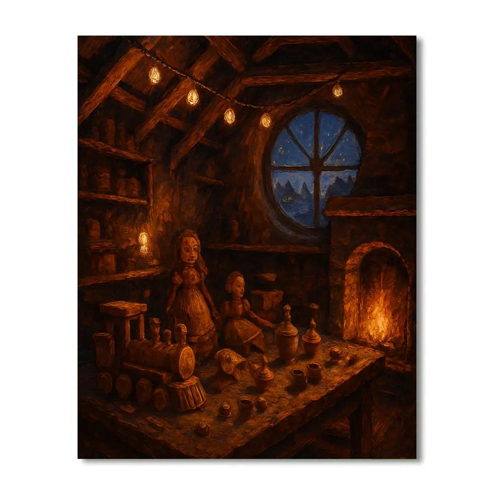 Toymakers Loft On Winter Evening Number painting