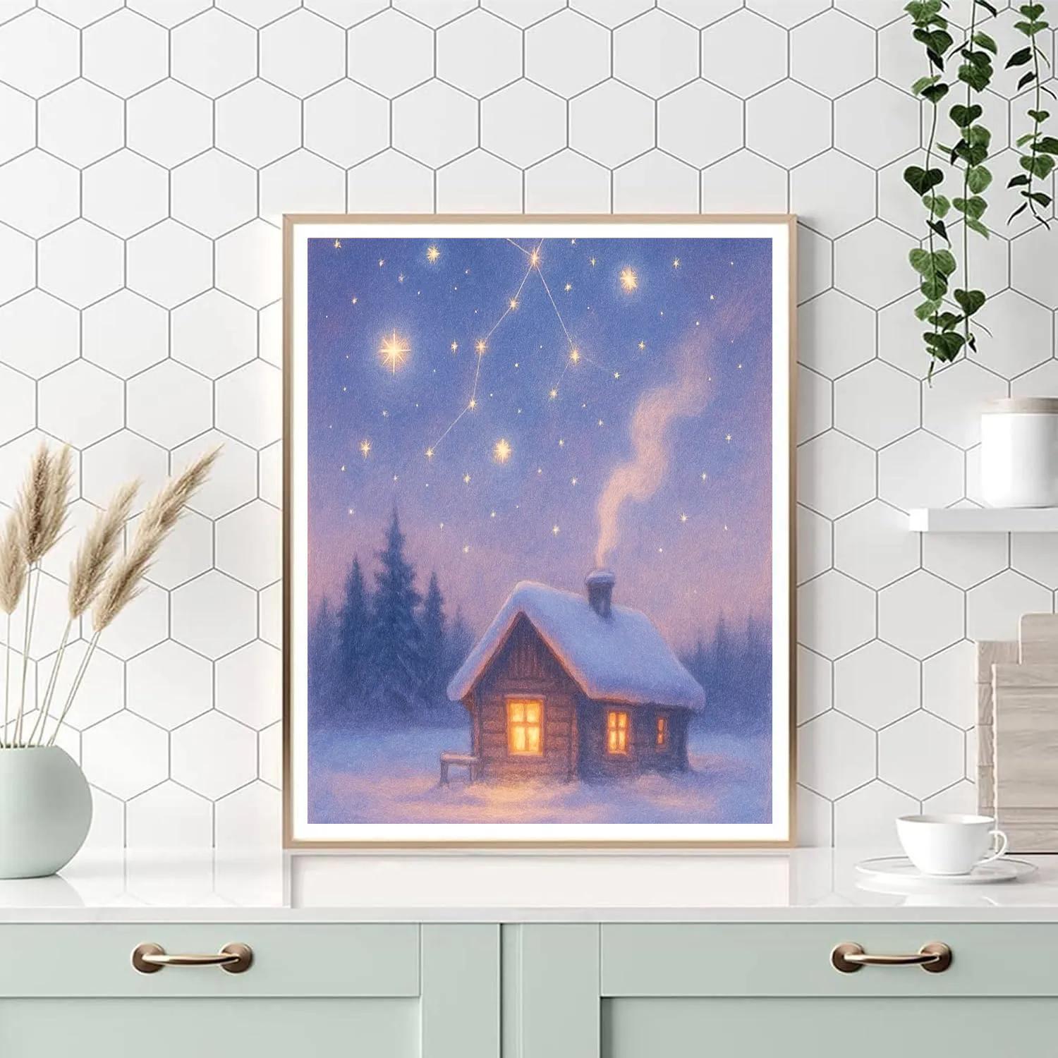 Christmas Cabin Under The Falling Constellations Painting by numbers kit