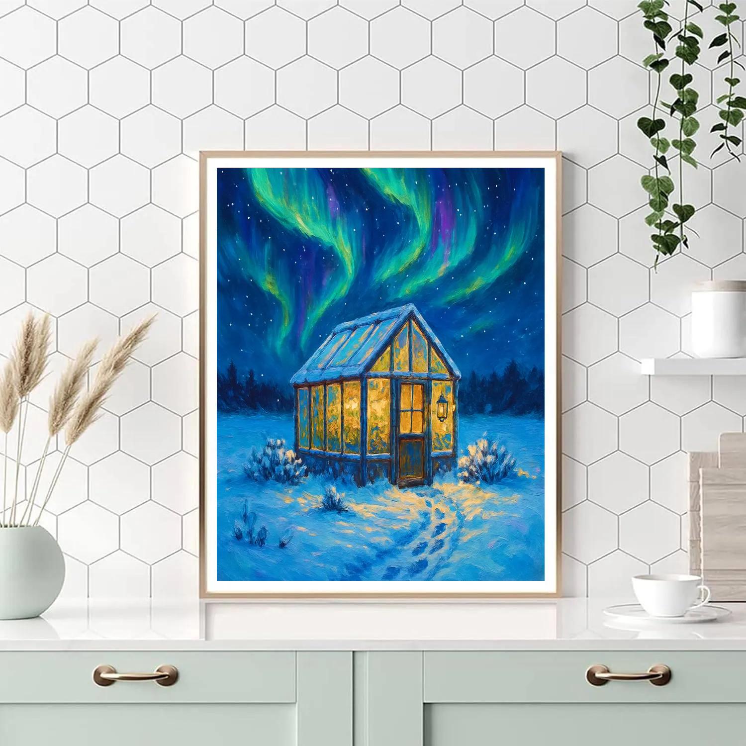 Aurora Over The Snowy Glass Greenhouse paint by number