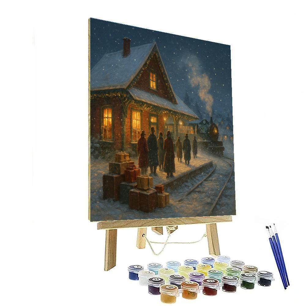 Christmas Eve Train Station In The Snow paint by numbers