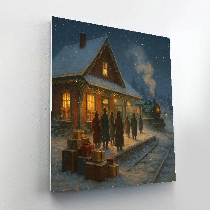 Christmas Eve Train Station In The Snow paint by numbers