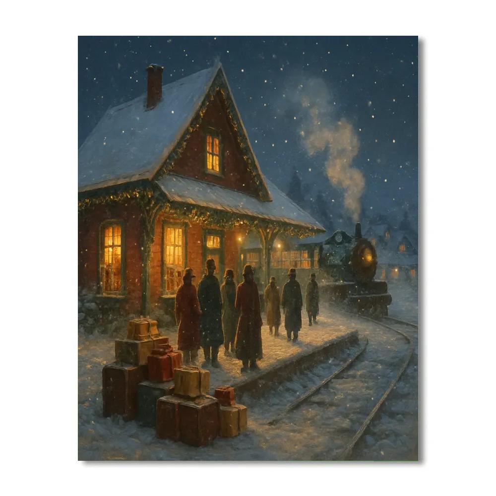 Christmas Eve Train Station In The Snow paint by numbers