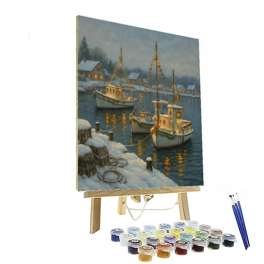 Winter Harbor With Decorated Boats paint by numbers