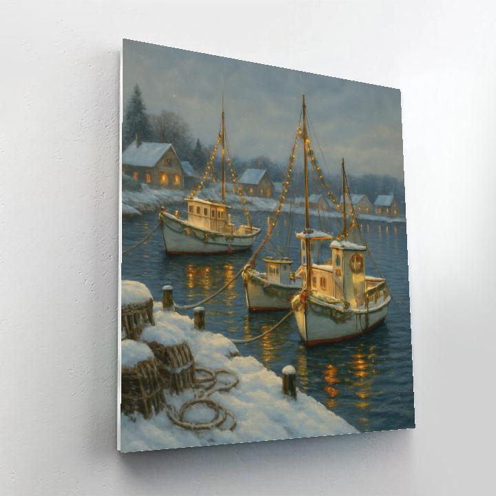 Winter Harbor With Decorated Boats paint by numbers