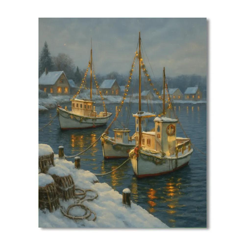 Winter Harbor With Decorated Boats paint by numbers