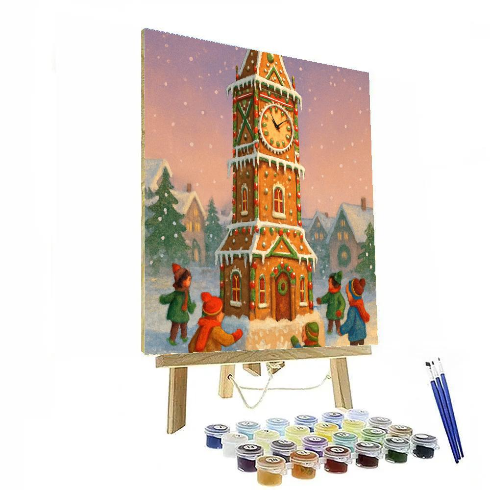 Gingerbread Clocktower On Snowy Square DIY paint by numbers