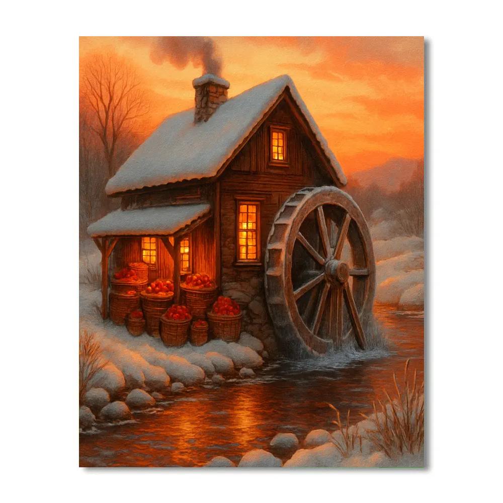 Snowy Cider Mill At Golden Dusk DIY paint by numbers