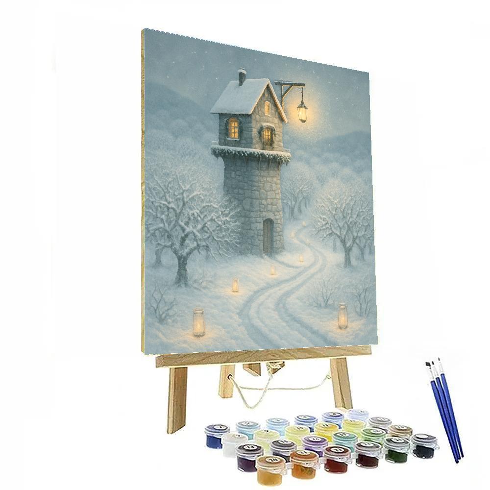 Snowy Cottage Lighthouse In The Orchard Sea DIY paint by numbers