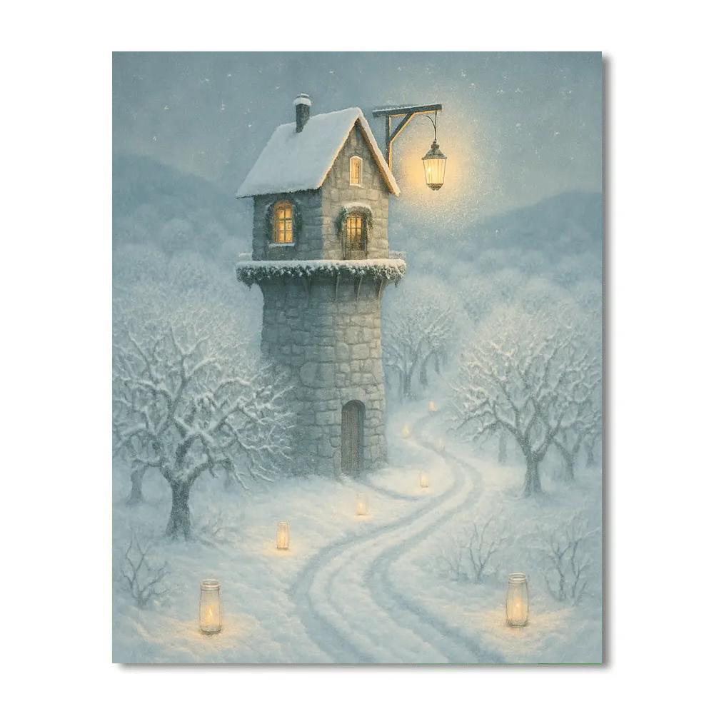 Snowy Cottage Lighthouse In The Orchard Sea DIY paint by numbers