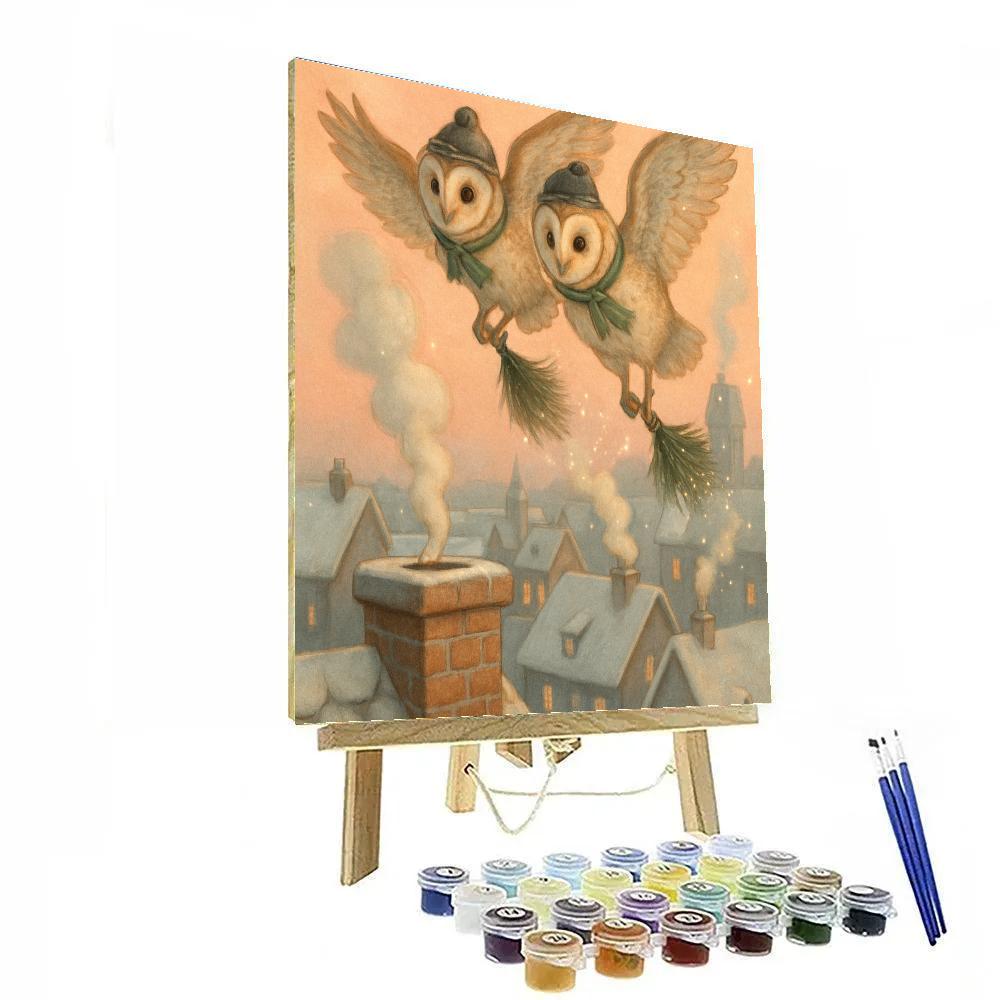 Chimney Sweep Owls Over Winter Town Painting by numbers kit