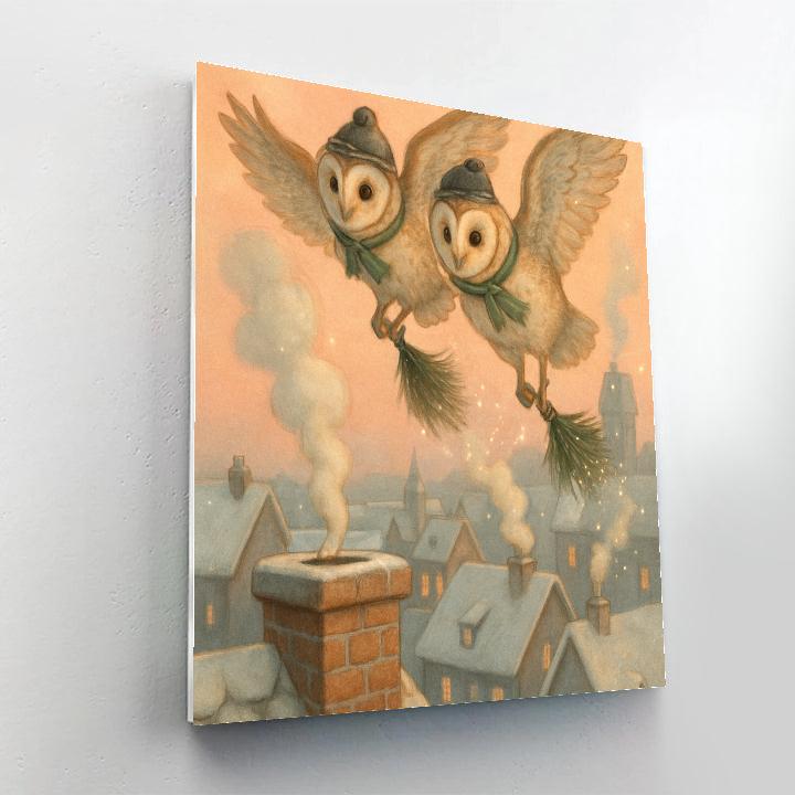 Chimney Sweep Owls Over Winter Town Painting by numbers kit