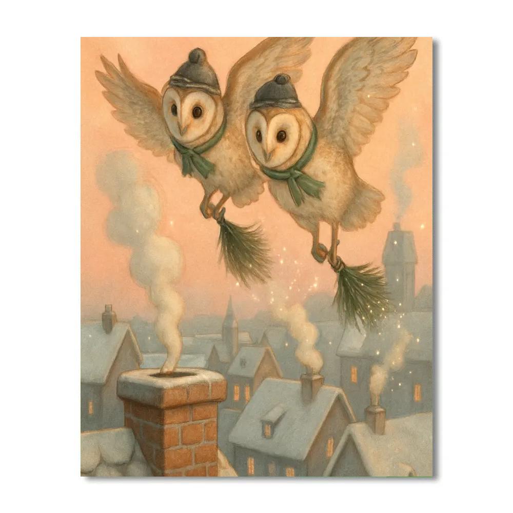 Chimney Sweep Owls Over Winter Town Painting by numbers kit