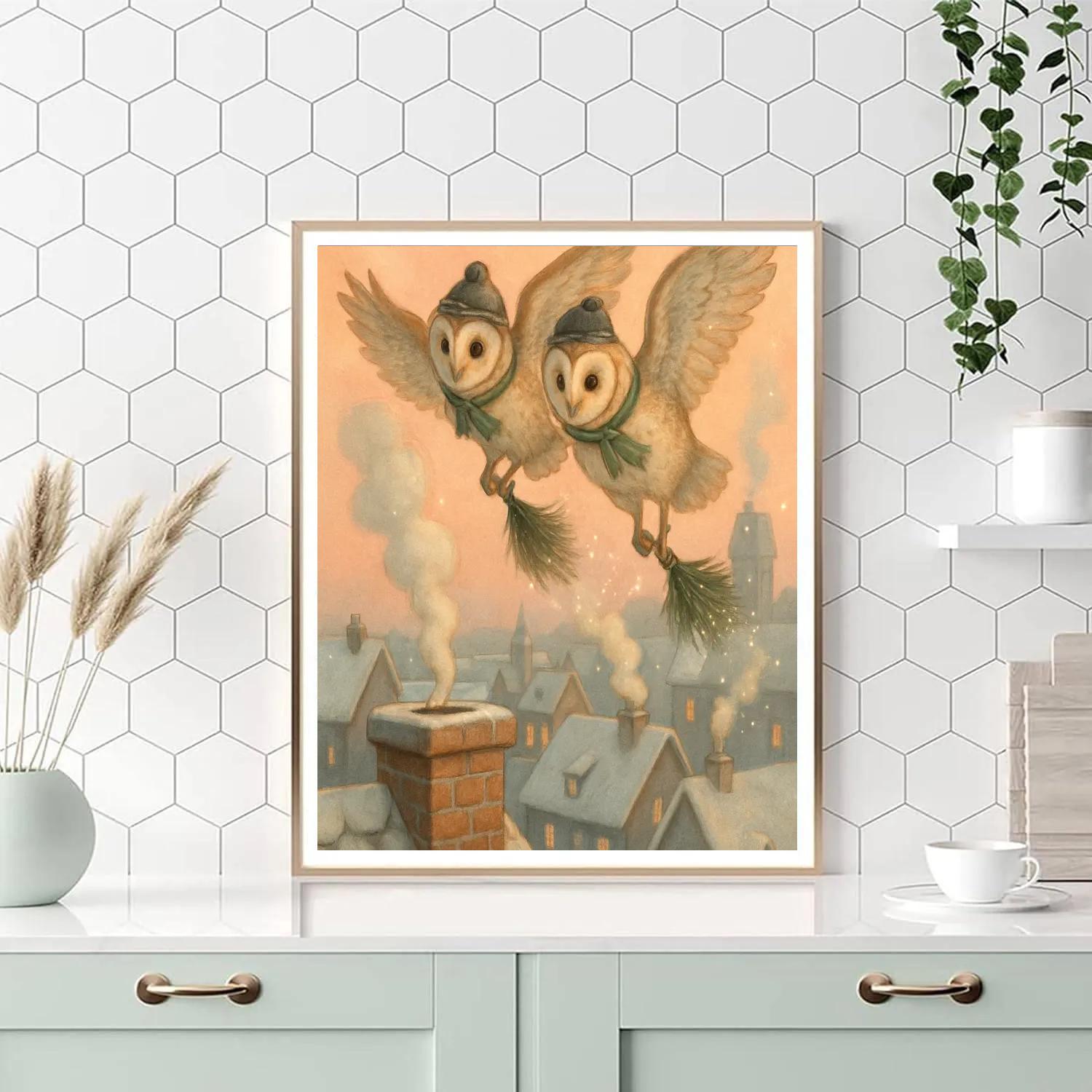 Chimney Sweep Owls Over Winter Town Painting by numbers kit