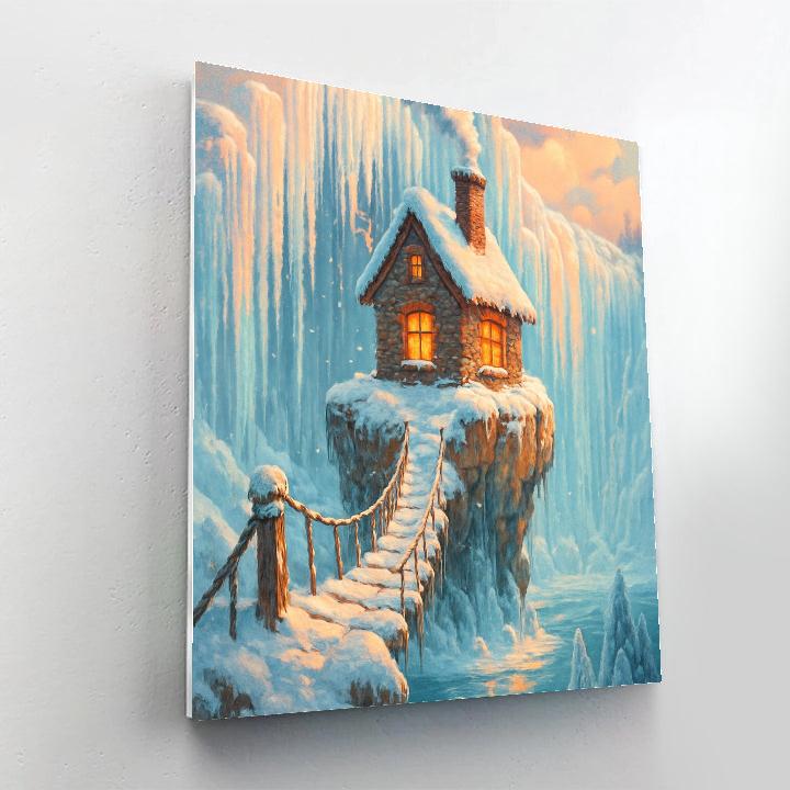 Christmas Cottage On The Frozen Waterfall paint by numbers
