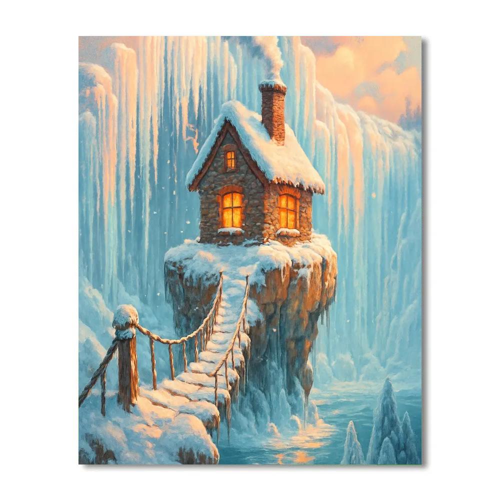Christmas Cottage On The Frozen Waterfall paint by numbers