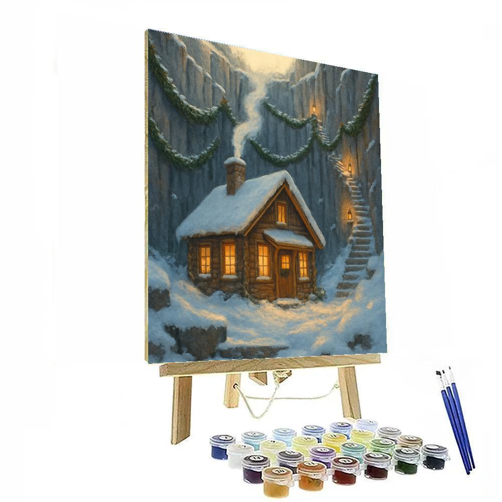 Christmas Morning Cabin In The Snowy Quarry paint by numbers