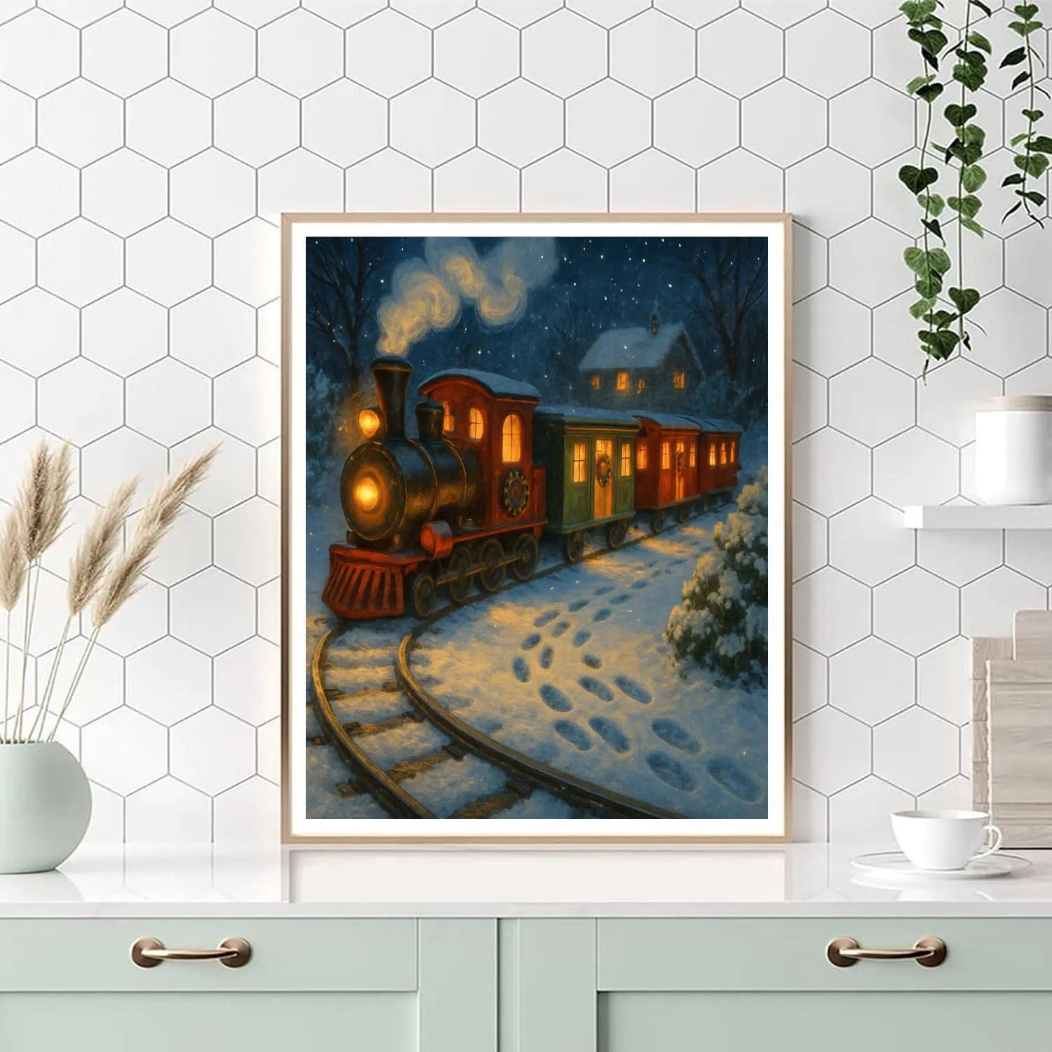 Snowy Midnight Parade Of Toy Trains Paint by numbers art